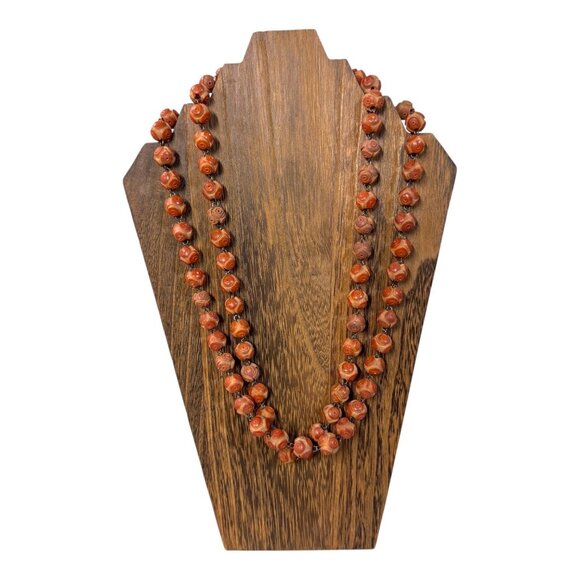 Vtg Hand-Carved Rosette Rose Coral Beaded Necklace Sterling Clasp Double Strand - Picture 2 of 7